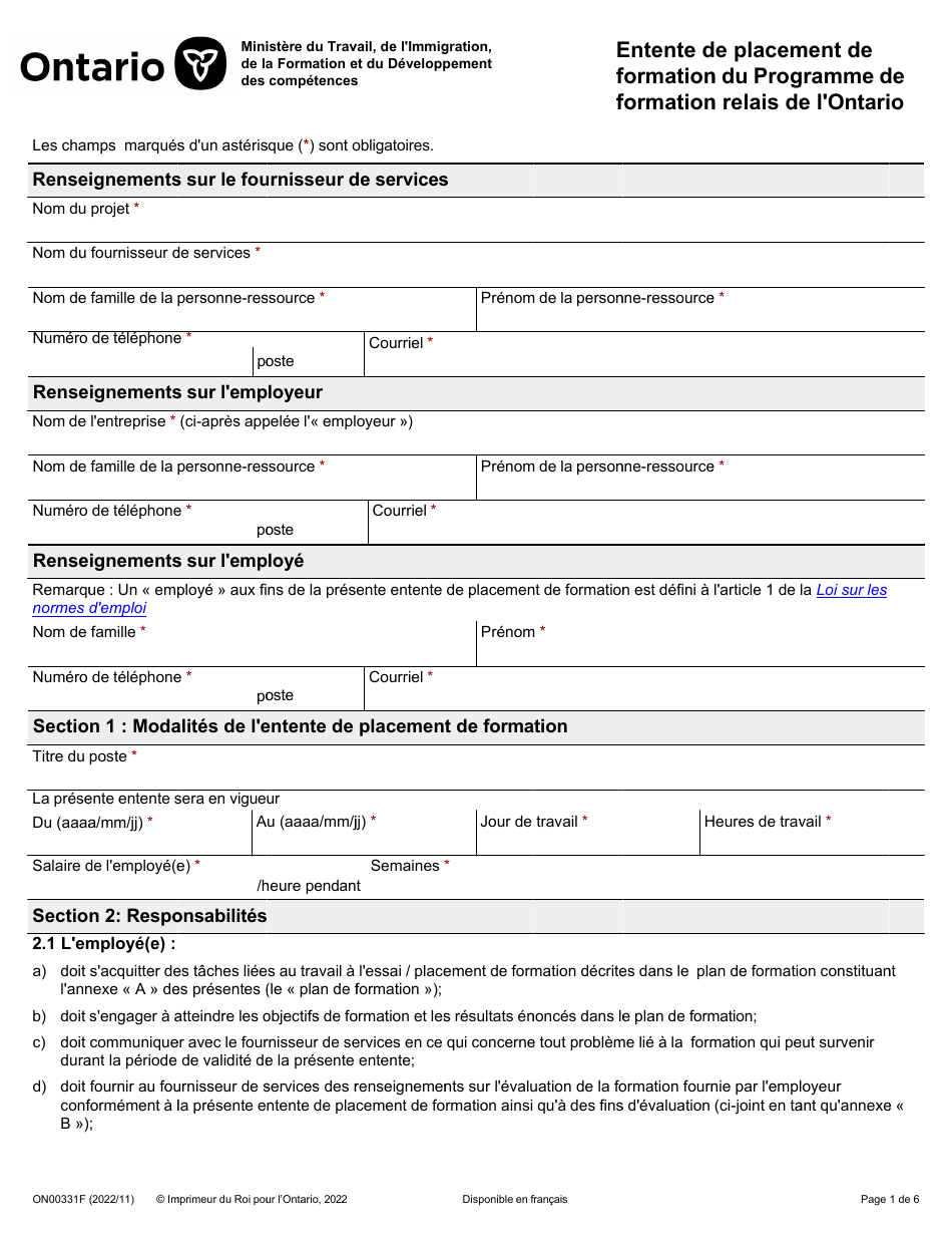 Forme ON00331F Entente De Placement De Formation Du Programme De Formation Relais De Lontario - Ontario, Canada (French), Page 1