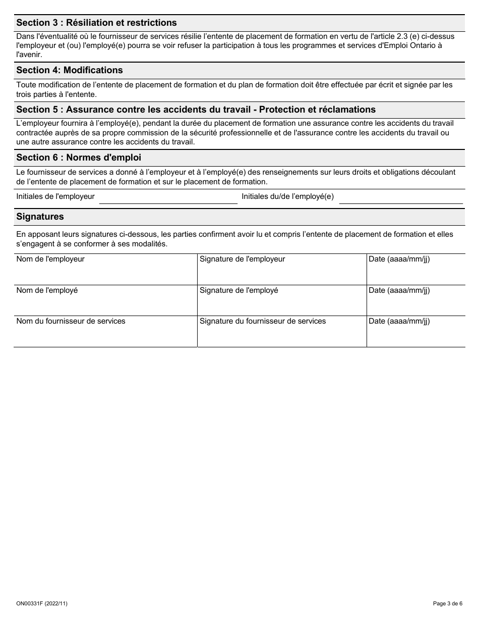 Forme ON00331F Entente De Placement De Formation Du Programme De Formation Relais De Lontario - Ontario, Canada (French), Page 3