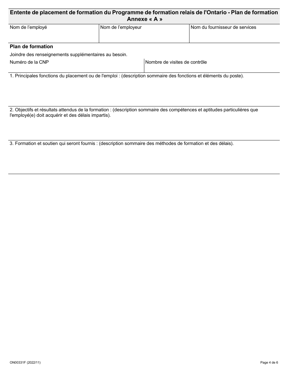 Forme ON00331F Entente De Placement De Formation Du Programme De Formation Relais De Lontario - Ontario, Canada (French), Page 4