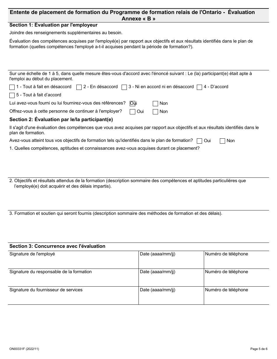 Forme ON00331F Entente De Placement De Formation Du Programme De Formation Relais De Lontario - Ontario, Canada (French), Page 5