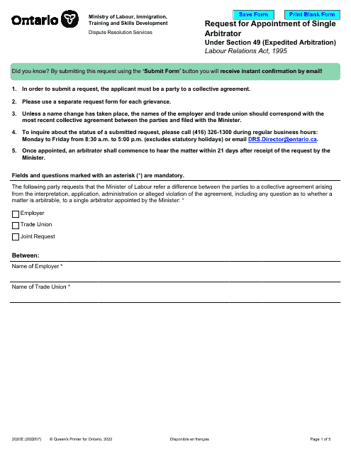 Form 2020E Request for Appointment of Single Arbitrator Under Section 49 (Expedited Arbitration) - Ontario, Canada