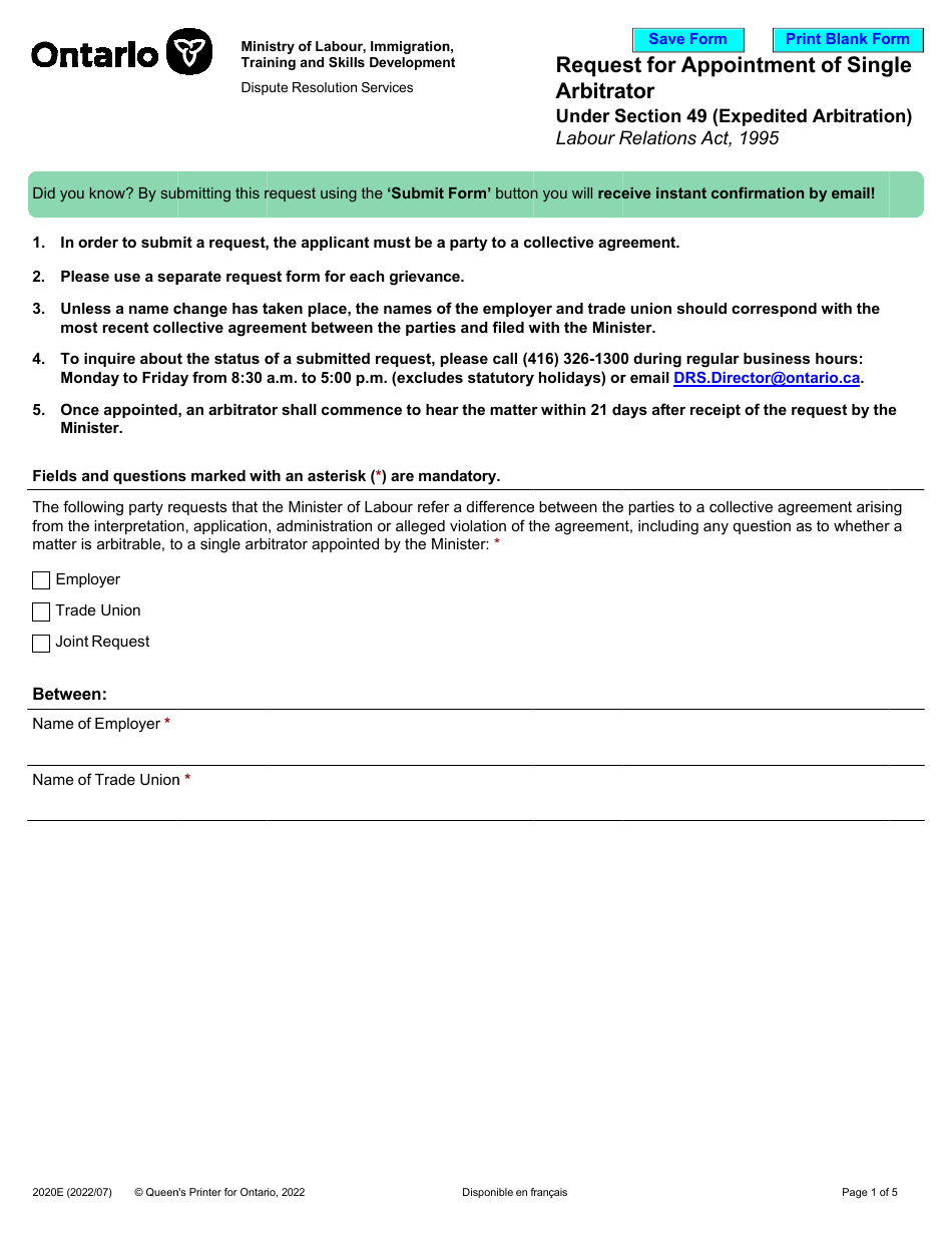 Form 2020E Request for Appointment of Single Arbitrator Under Section 49 (Expedited Arbitration) - Ontario, Canada, Page 1