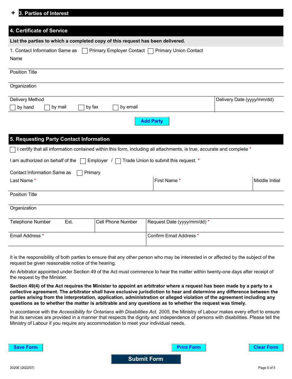 Form 2020E Request for Appointment of Single Arbitrator Under Section 49 (Expedited Arbitration) - Ontario, Canada, Page 5