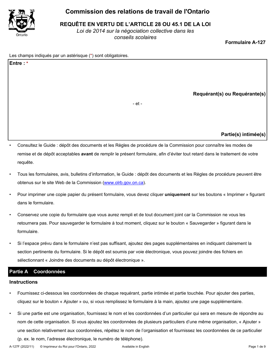 Forme A-127 Requete En Vertu De Larticle 28 Ou 45.1 De La Loi De 2014 Sur La Negociation Collective Dans Les Conseils Scolaires - Ontario, Canada (French), Page 1