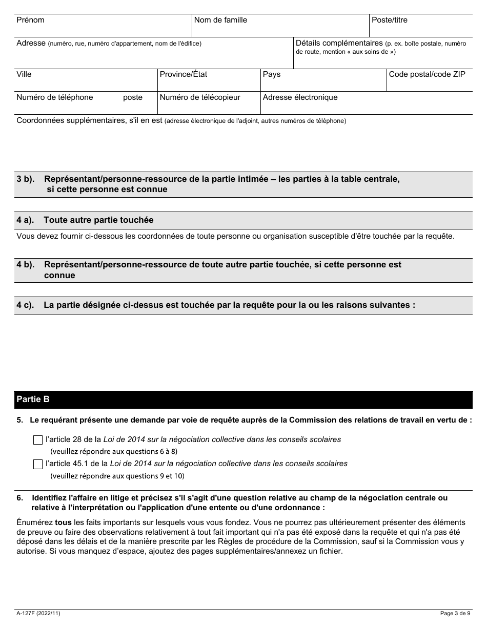 Forme A-127 Requete En Vertu De Larticle 28 Ou 45.1 De La Loi De 2014 Sur La Negociation Collective Dans Les Conseils Scolaires - Ontario, Canada (French), Page 3