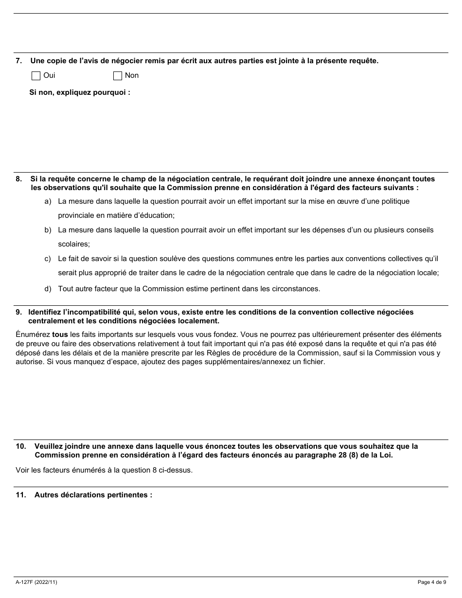 Forme A-127 Requete En Vertu De Larticle 28 Ou 45.1 De La Loi De 2014 Sur La Negociation Collective Dans Les Conseils Scolaires - Ontario, Canada (French), Page 4