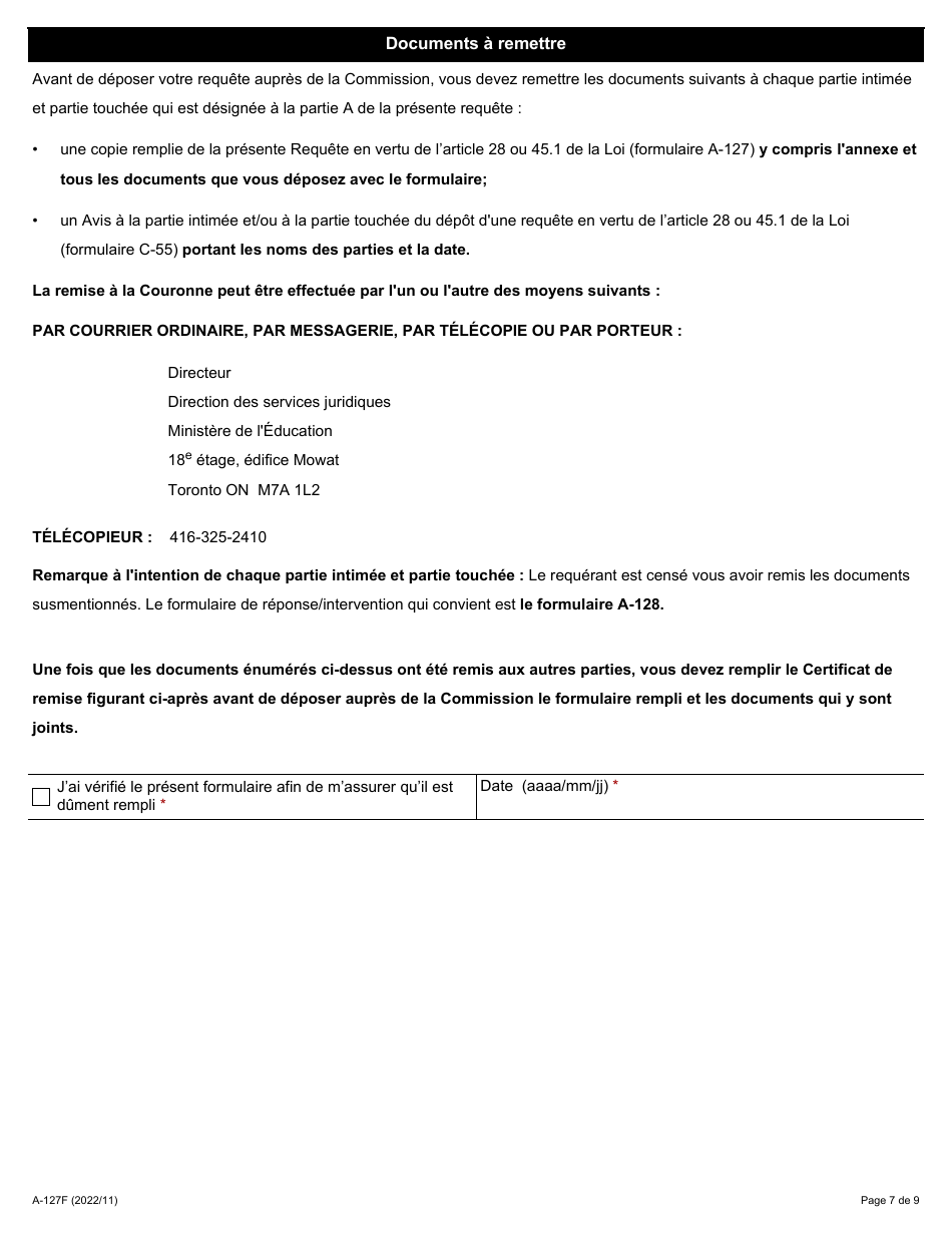 Forme A-127 Requete En Vertu De Larticle 28 Ou 45.1 De La Loi De 2014 Sur La Negociation Collective Dans Les Conseils Scolaires - Ontario, Canada (French), Page 7