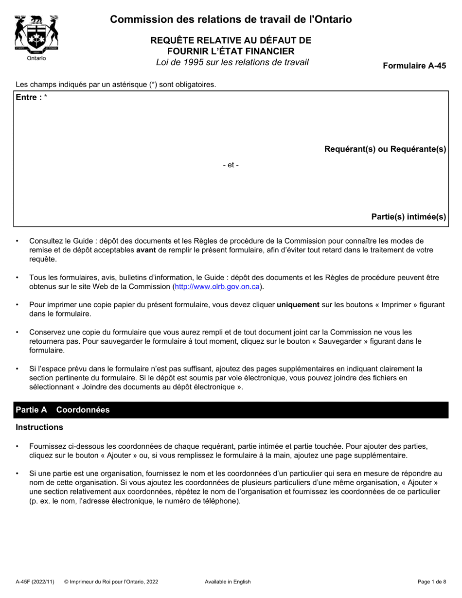 Forme A-45 Requete Relative Au Defaut De Fournir Letat Financier - Ontario, Canada (French), Page 1