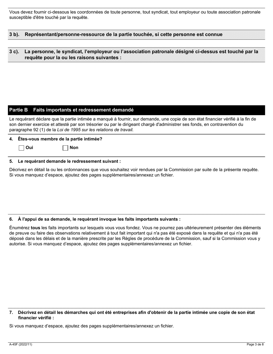 Forme A-45 Requete Relative Au Defaut De Fournir Letat Financier - Ontario, Canada (French), Page 3