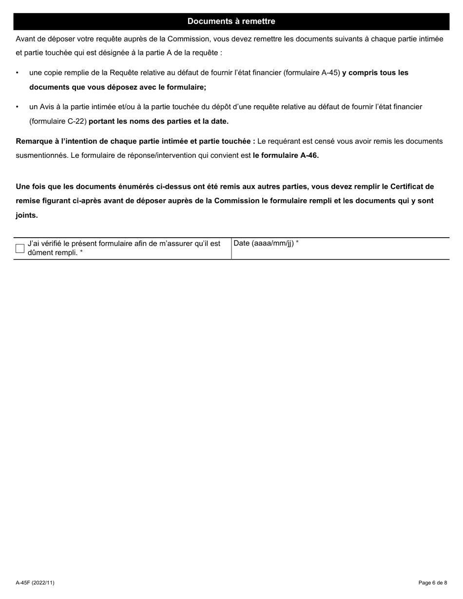 Forme A-45 Requete Relative Au Defaut De Fournir Letat Financier - Ontario, Canada (French), Page 6