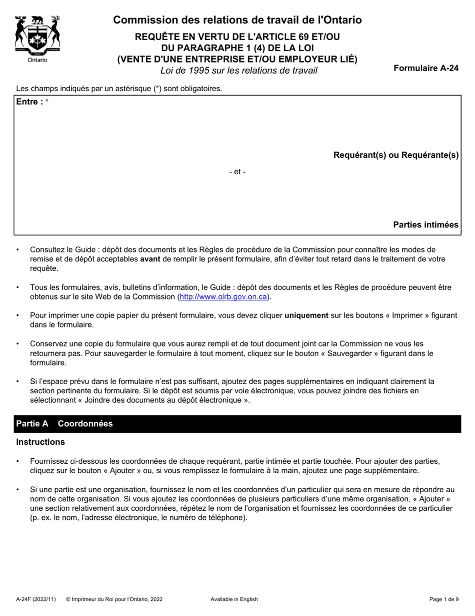 Forme A-24 Requete En Vertu De Larticle 69 Et / Ou Du Paragraphe 1 (4) De La Loi (Vente Dune Entreprise Et / Ou Employeur Lie) - Ontario, Canada (French), Page 1
