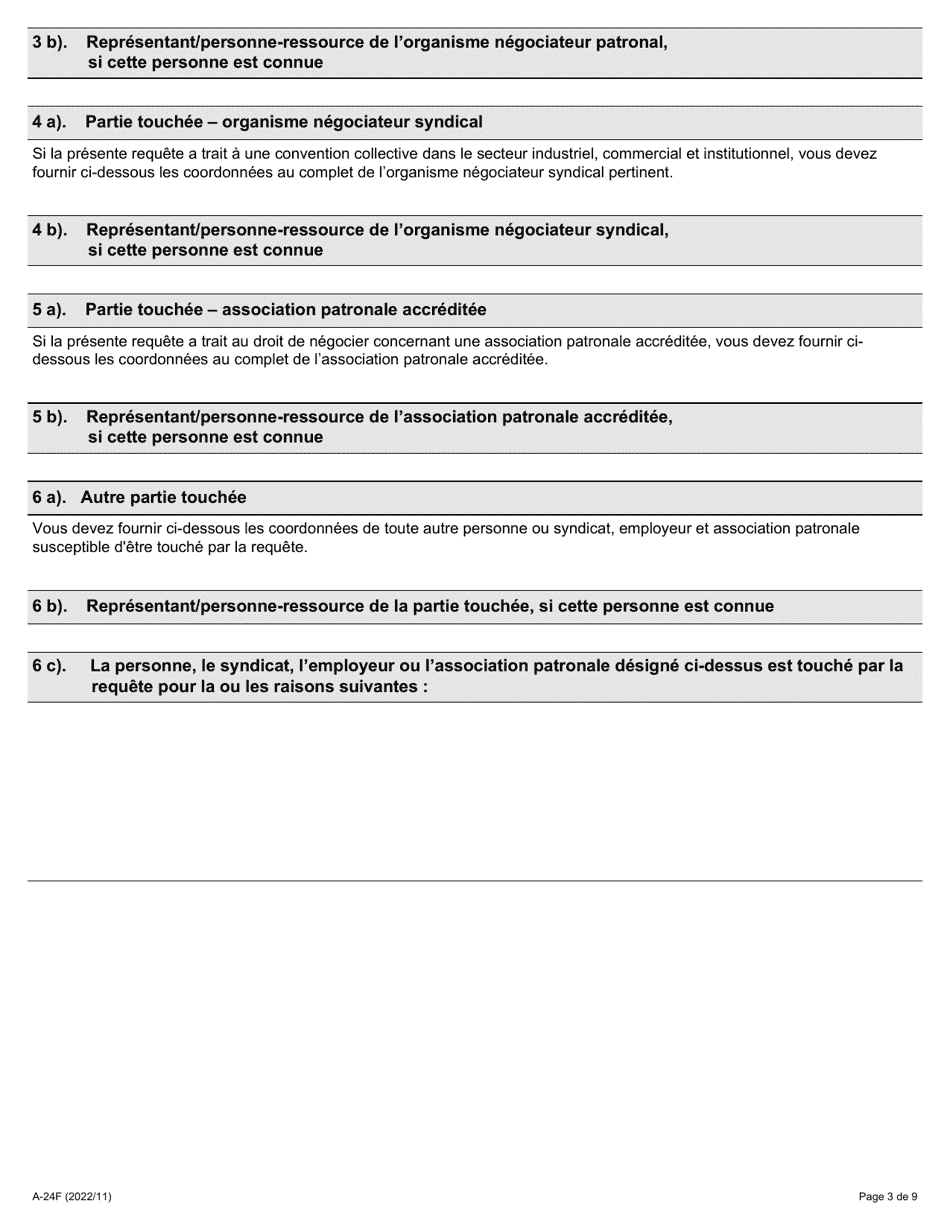 Forme A-24 Requete En Vertu De Larticle 69 Et / Ou Du Paragraphe 1 (4) De La Loi (Vente Dune Entreprise Et / Ou Employeur Lie) - Ontario, Canada (French), Page 3
