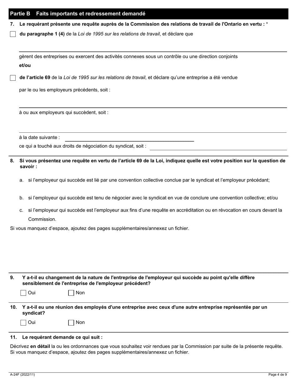Forme A-24 Requete En Vertu De Larticle 69 Et / Ou Du Paragraphe 1 (4) De La Loi (Vente Dune Entreprise Et / Ou Employeur Lie) - Ontario, Canada (French), Page 4