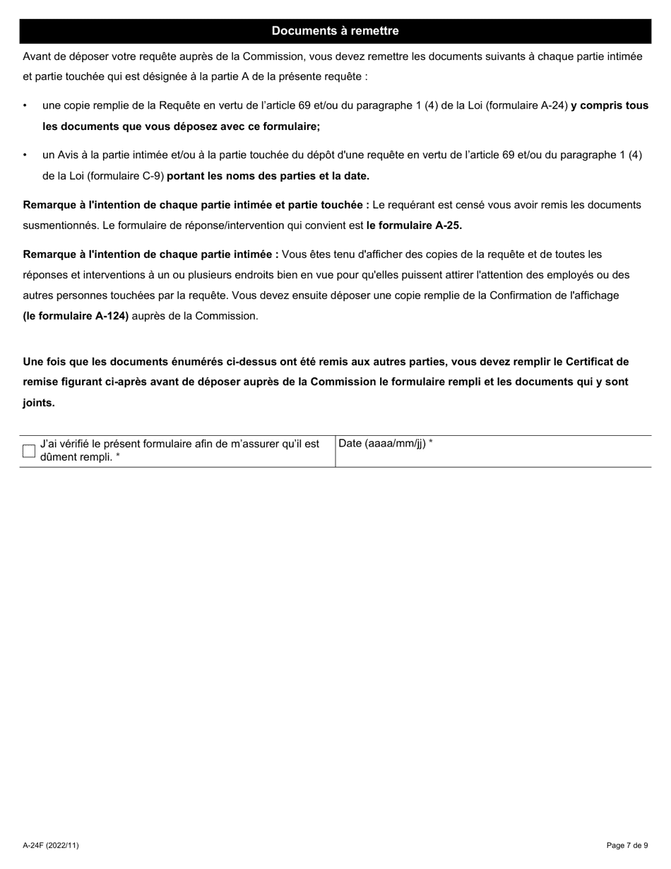 Forme A-24 Requete En Vertu De Larticle 69 Et / Ou Du Paragraphe 1 (4) De La Loi (Vente Dune Entreprise Et / Ou Employeur Lie) - Ontario, Canada (French), Page 7