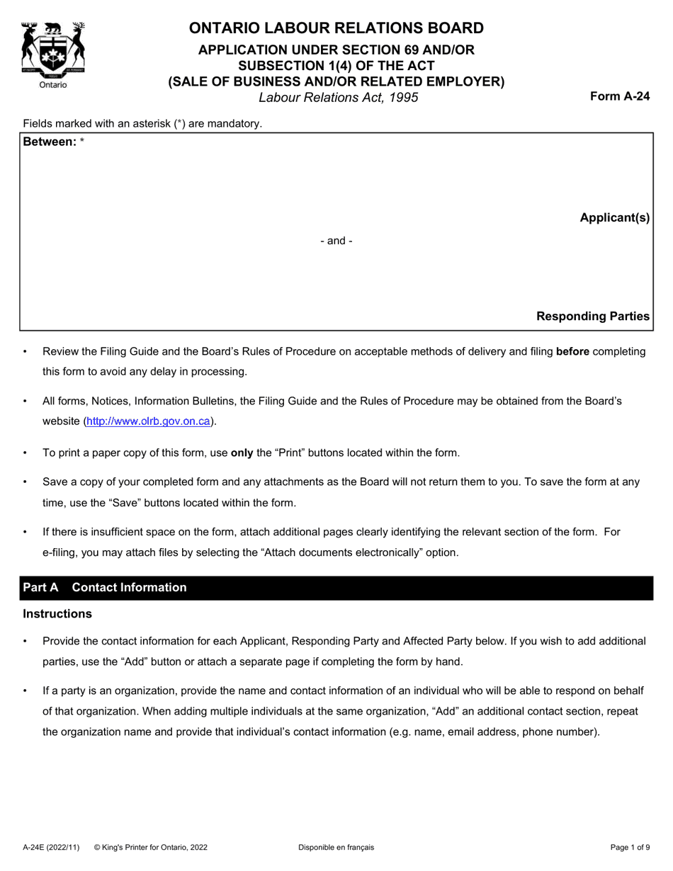 Form A-24 Application Under Section 69 and / or Subsection 1(4) of the Act (Sale of Business and / or Related Employer) - Ontario, Canada, Page 1