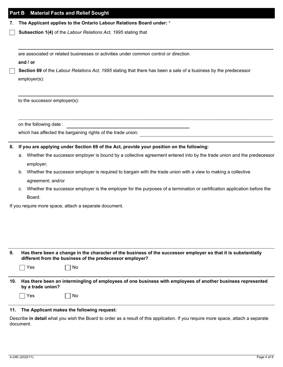 Form A-24 Application Under Section 69 and / or Subsection 1(4) of the Act (Sale of Business and / or Related Employer) - Ontario, Canada, Page 4