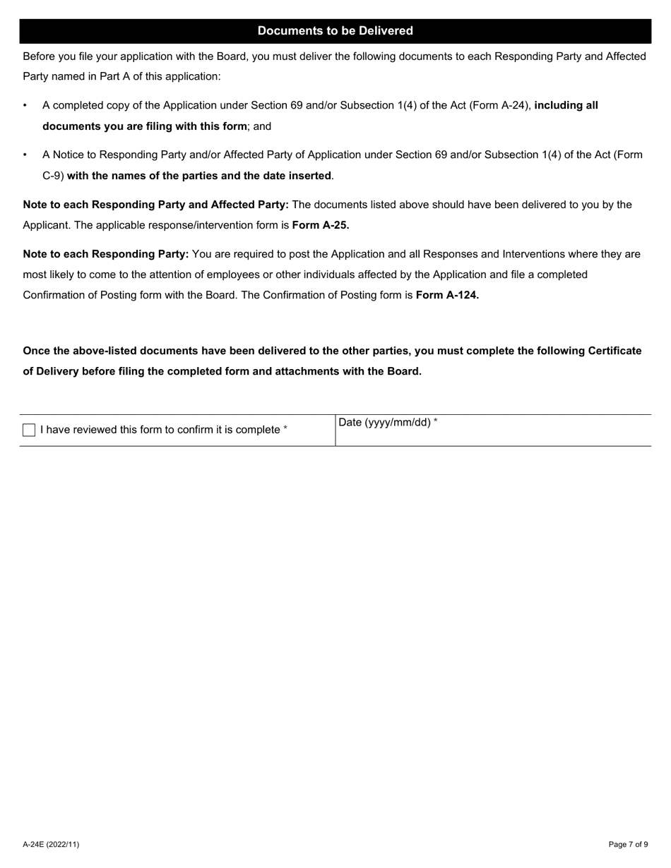 Form A-24 Application Under Section 69 and / or Subsection 1(4) of the Act (Sale of Business and / or Related Employer) - Ontario, Canada, Page 7