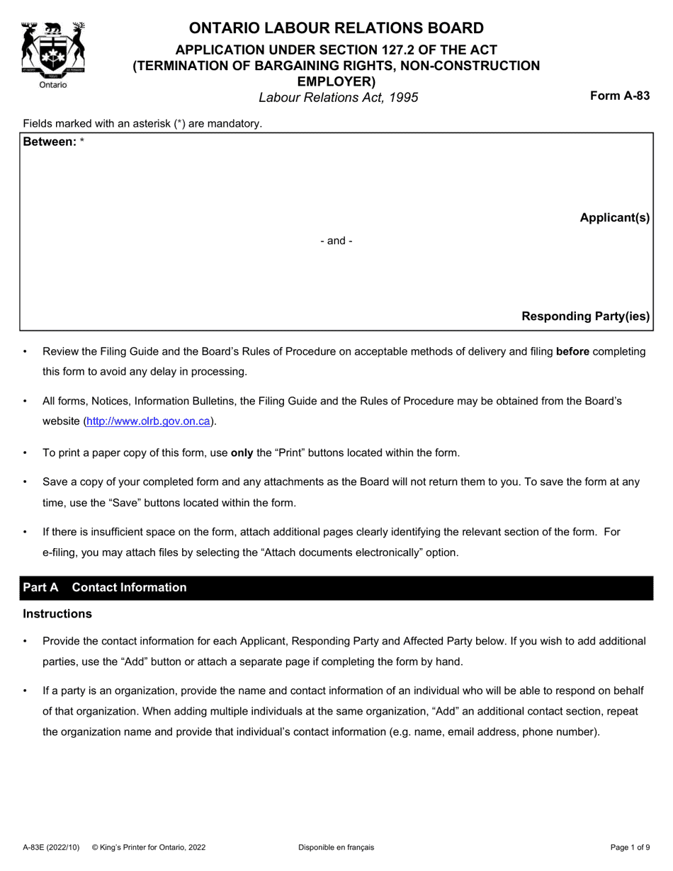 Form A-83 Application Under Section 127.2 of the Act (Termination of Bargaining Rights, Non-construction Employer) - Ontario, Canada, Page 1