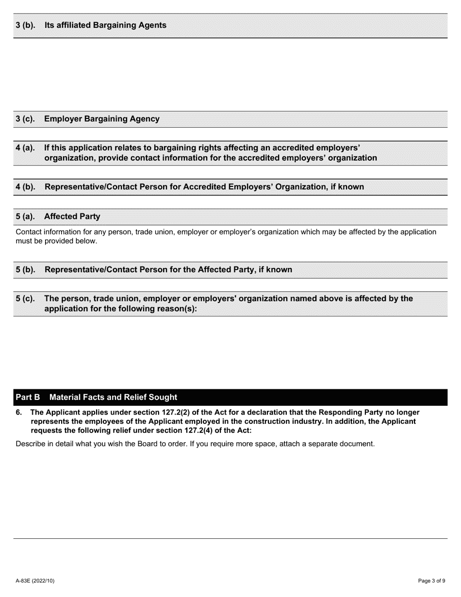 Form A-83 Application Under Section 127.2 of the Act (Termination of Bargaining Rights, Non-construction Employer) - Ontario, Canada, Page 3