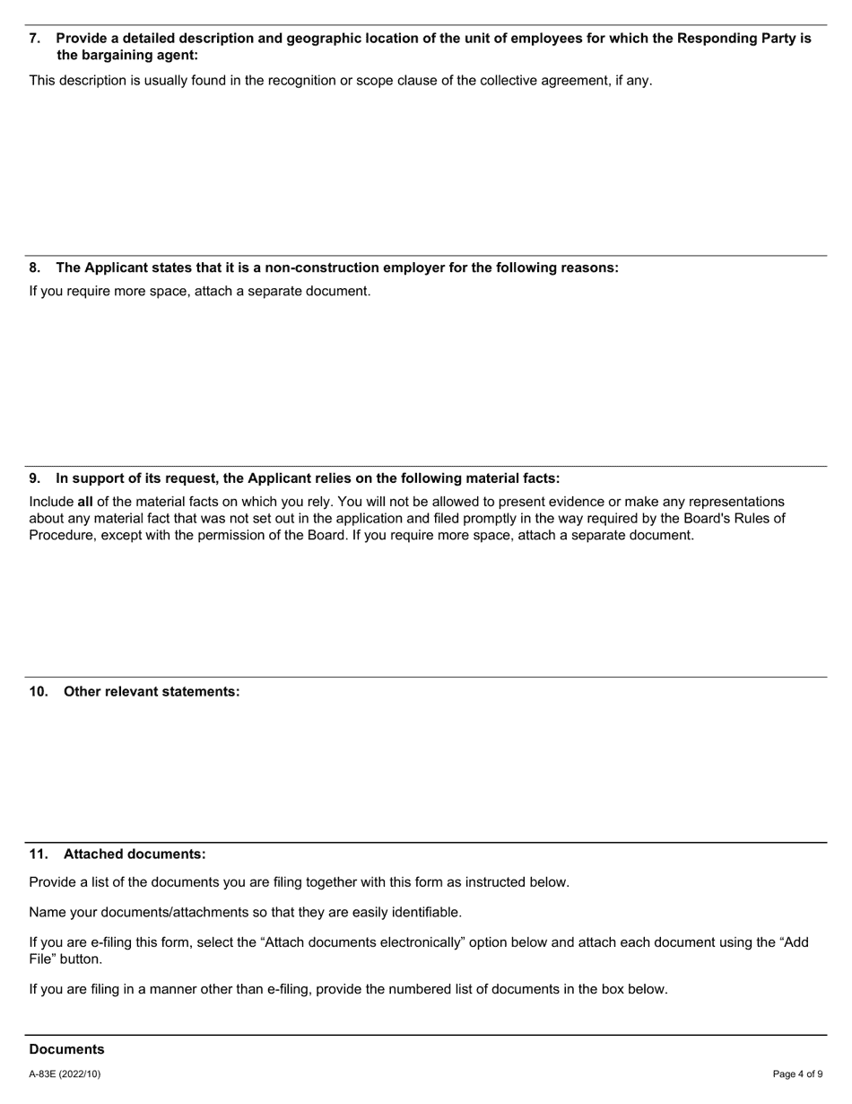 Form A-83 Application Under Section 127.2 of the Act (Termination of Bargaining Rights, Non-construction Employer) - Ontario, Canada, Page 4