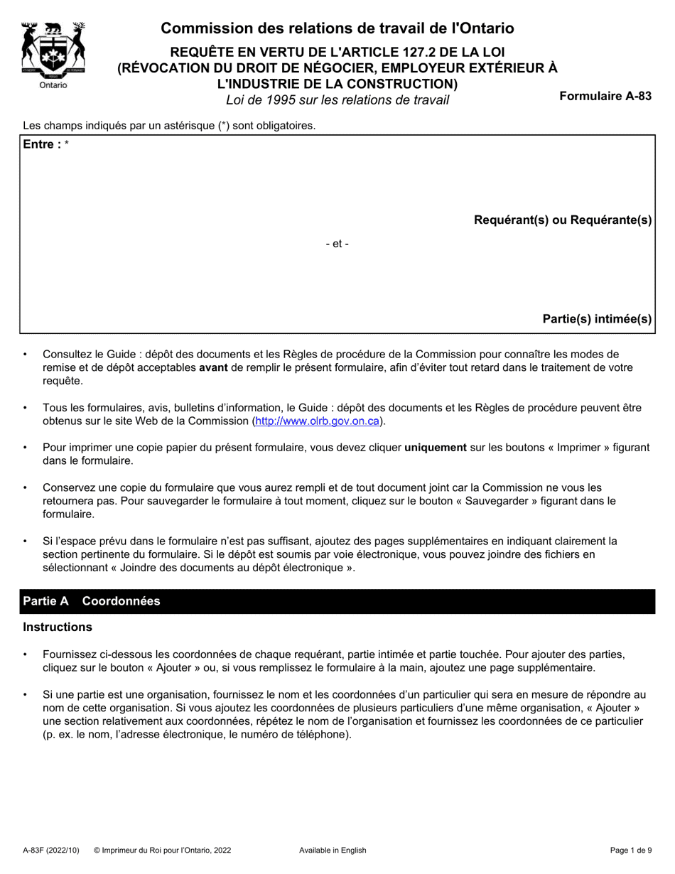 Forme A-83 Requete En Vertu De Larticle 127.2 De La Loi (Revocation Du Droit De Negocier, Employeur Exterieur a Lindustrie De La Construction) - Ontario, Canada (French), Page 1