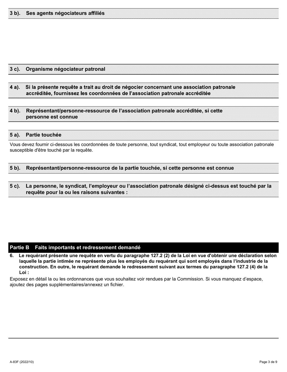 Forme A-83 Requete En Vertu De Larticle 127.2 De La Loi (Revocation Du Droit De Negocier, Employeur Exterieur a Lindustrie De La Construction) - Ontario, Canada (French), Page 3
