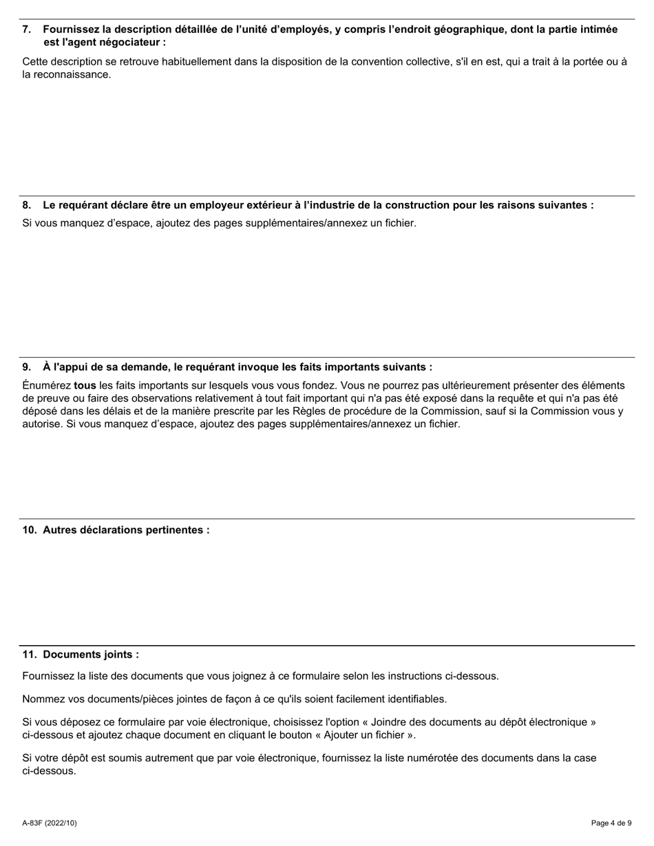 Forme A-83 Requete En Vertu De Larticle 127.2 De La Loi (Revocation Du Droit De Negocier, Employeur Exterieur a Lindustrie De La Construction) - Ontario, Canada (French), Page 4