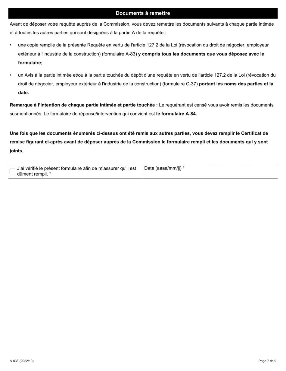 Forme A-83 Requete En Vertu De Larticle 127.2 De La Loi (Revocation Du Droit De Negocier, Employeur Exterieur a Lindustrie De La Construction) - Ontario, Canada (French), Page 7