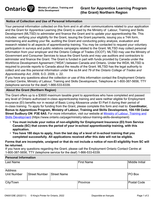 Form ON00129E Grant for Apprentice Learning Program (The Grant) Northern Region - Ontario, Canada