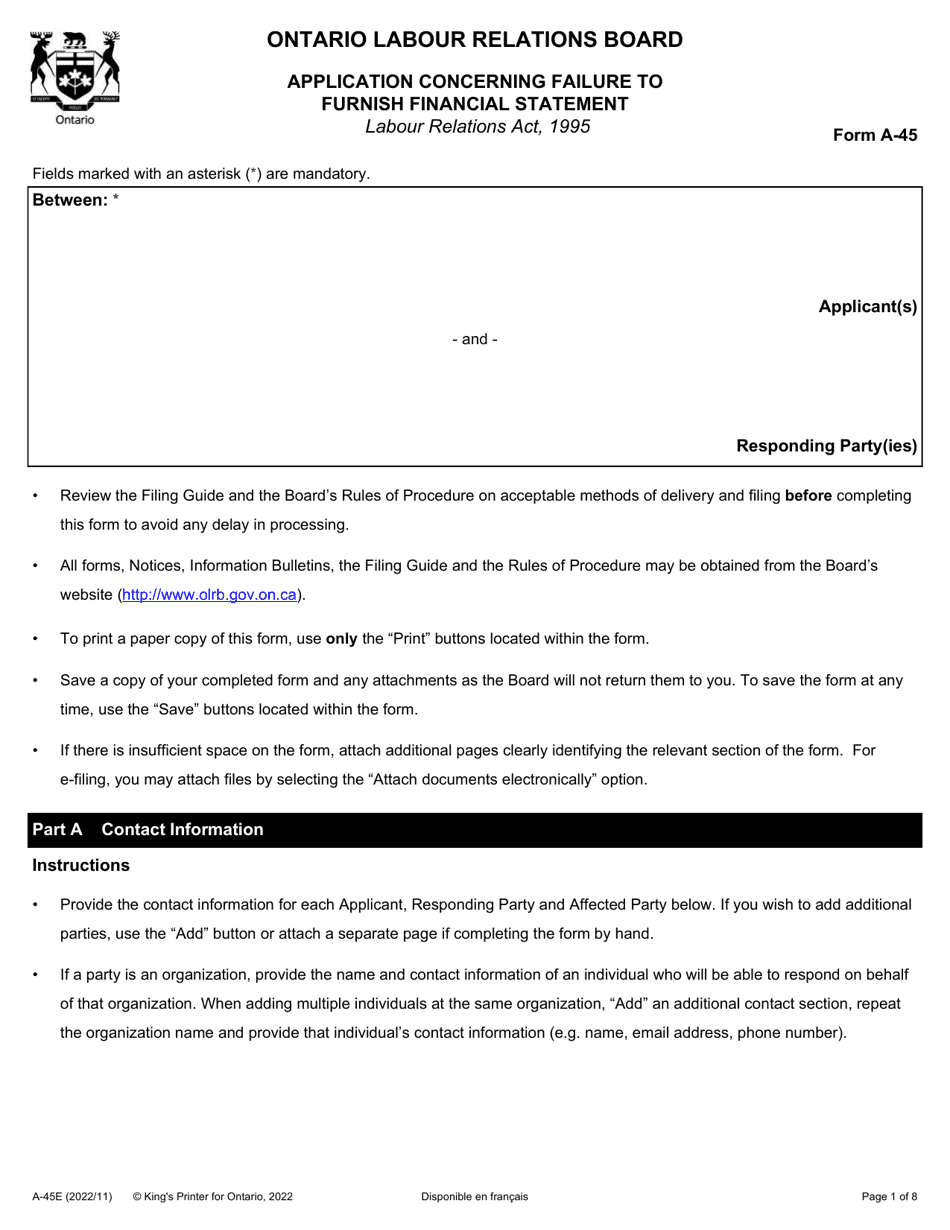 Form A-45 Application Concerning Failure to Furnish Financial Statement - Ontario, Canada, Page 1