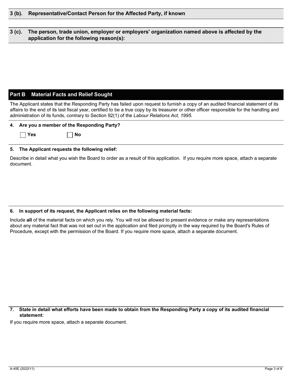 Form A-45 Application Concerning Failure to Furnish Financial Statement - Ontario, Canada, Page 3