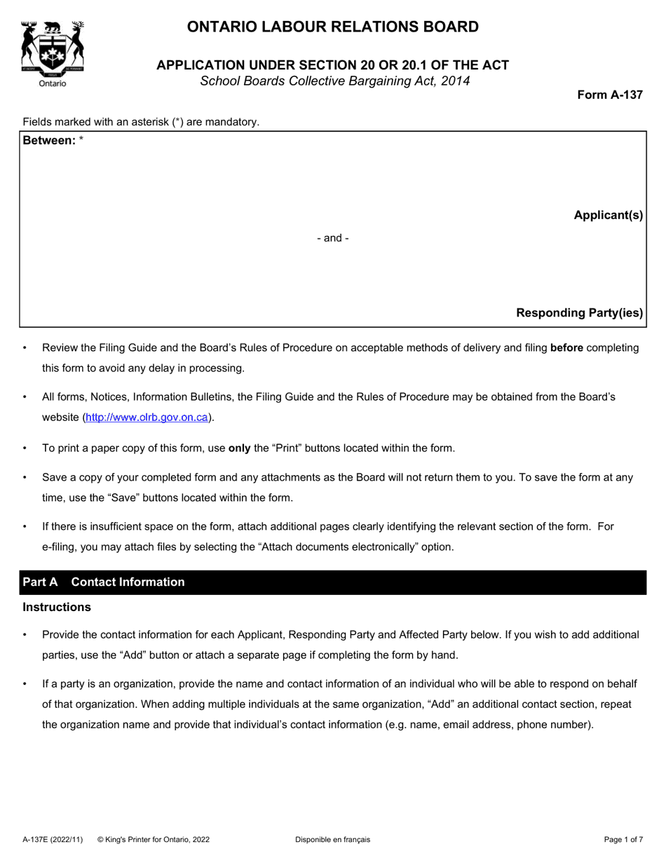 Form A-137 Application Under Section 20 or 20.1 of the Act - Ontario, Canada, Page 1