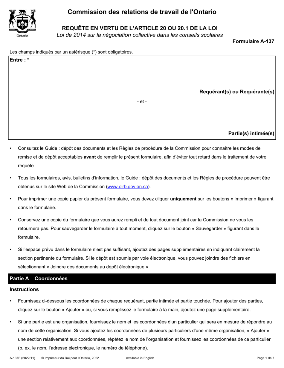 Forme A-137 Requete En Vertu De Larticle 20 Ou 20.1 De La Loi - Ontario, Canada (French), Page 1