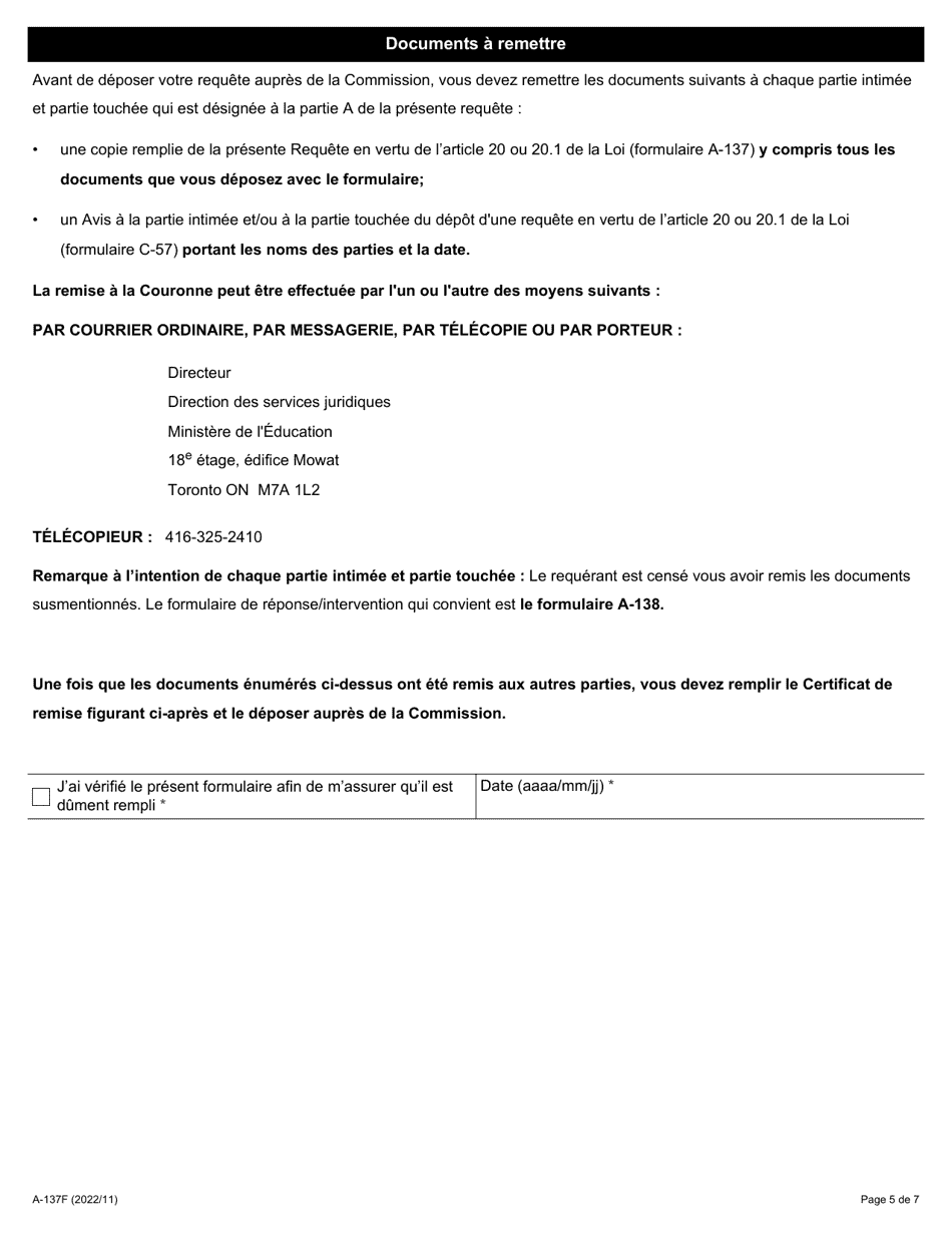 Forme A-137 Requete En Vertu De Larticle 20 Ou 20.1 De La Loi - Ontario, Canada (French), Page 5
