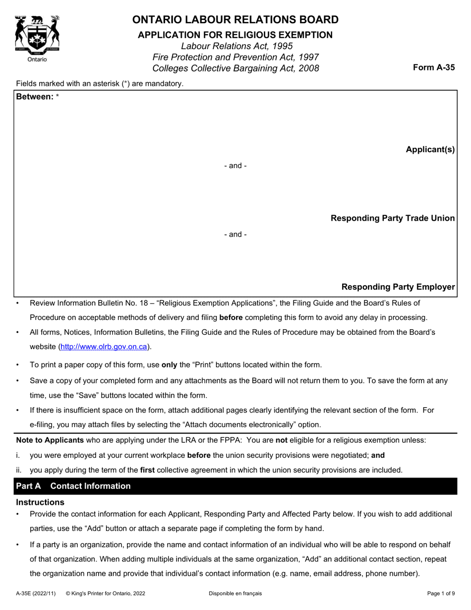 Form A-35 Application for Religious Exemption - Ontario, Canada, Page 1