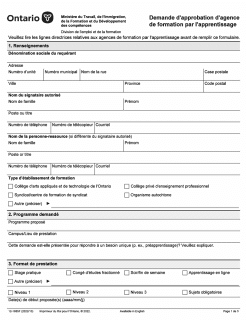 Forme 12-1885F Demande D'approbation D'agence De Formation Par L'apprentissage - Ontario, Canada (French)