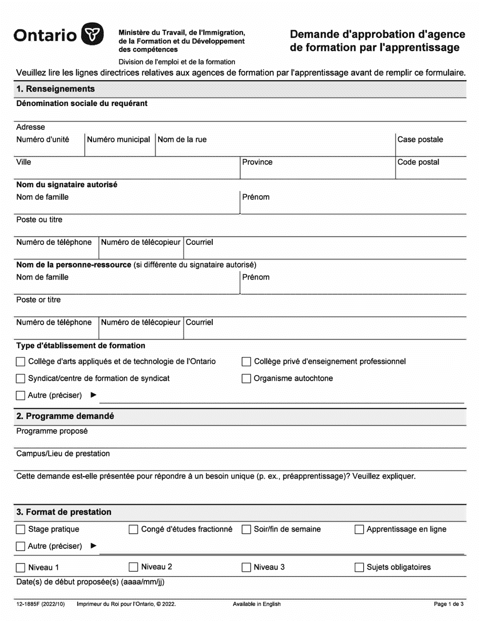 Forme 12-1885F Demande Dapprobation Dagence De Formation Par Lapprentissage - Ontario, Canada (French), Page 1