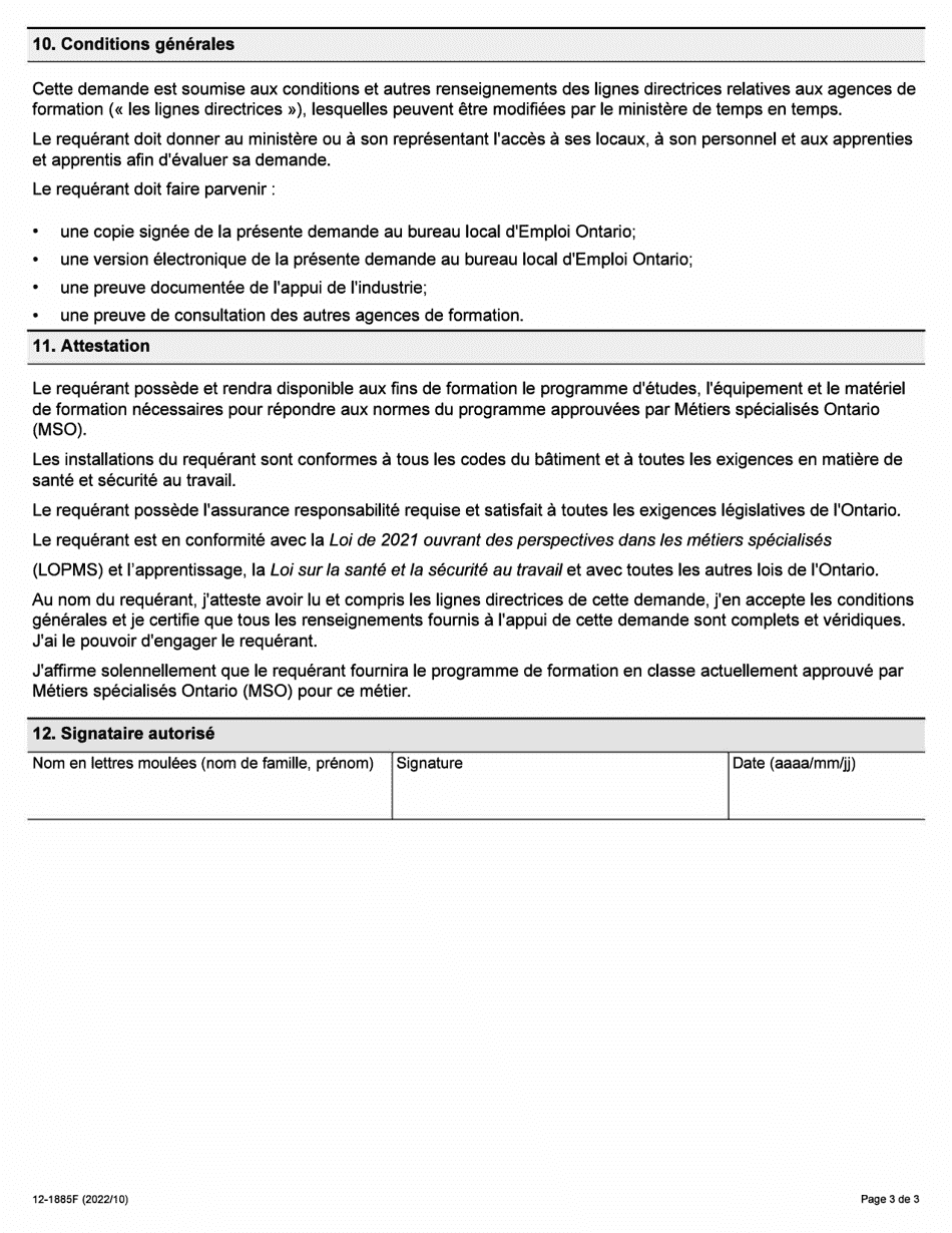 Forme 12-1885F Demande Dapprobation Dagence De Formation Par Lapprentissage - Ontario, Canada (French), Page 3