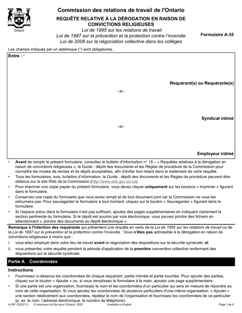 Forme A-35 Requete Relative a La Derogation En Raison De Convictions Religieuses - Ontario, Canada (French)