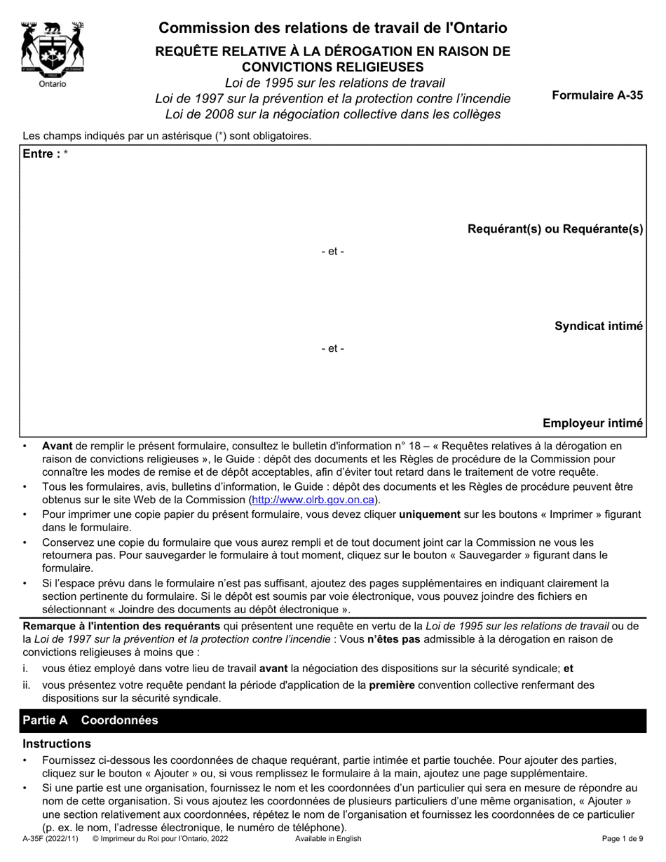 Forme A-35 Requete Relative a La Derogation En Raison De Convictions Religieuses - Ontario, Canada (French), Page 1