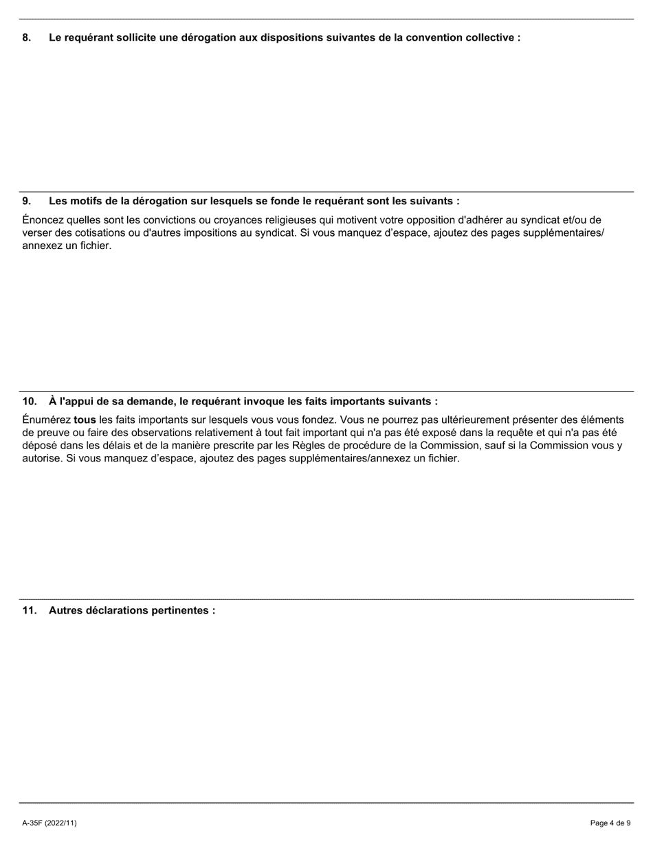 Forme A-35 Requete Relative a La Derogation En Raison De Convictions Religieuses - Ontario, Canada (French), Page 4