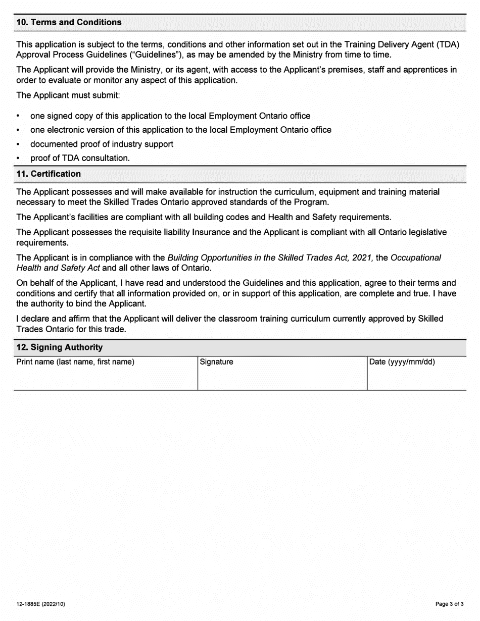 Form 12-1885E Application for Apprenticeship Training Delivery Agent - Ontario, Canada, Page 3
