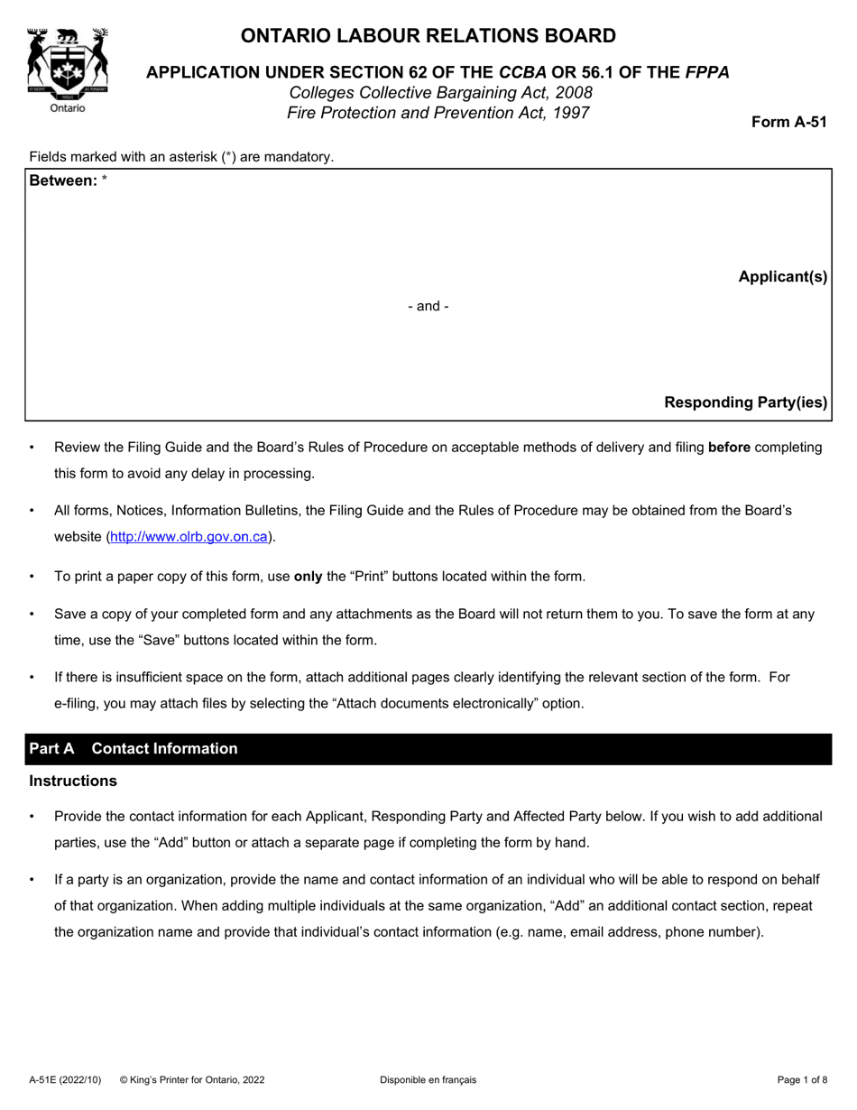 Form A-51 Application Under Section 62 of the Ccba or 56.1 of the Fppa - Ontario, Canada, Page 1