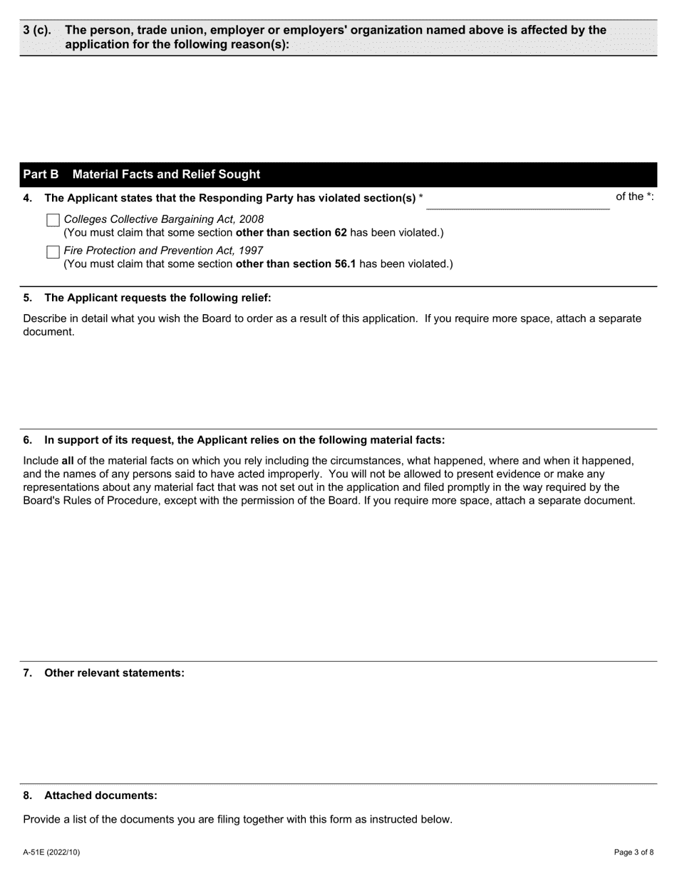 Form A-51 Application Under Section 62 of the Ccba or 56.1 of the Fppa - Ontario, Canada, Page 3