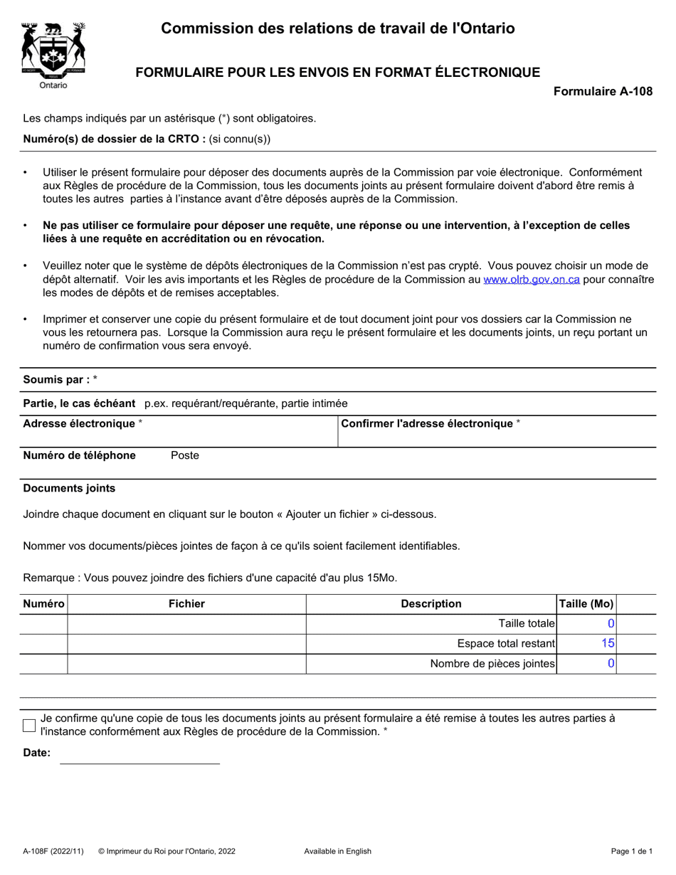 Forme A-108 Formulaire Pour Les Envois En Format Electronique - Ontario, Canada (French), Page 1