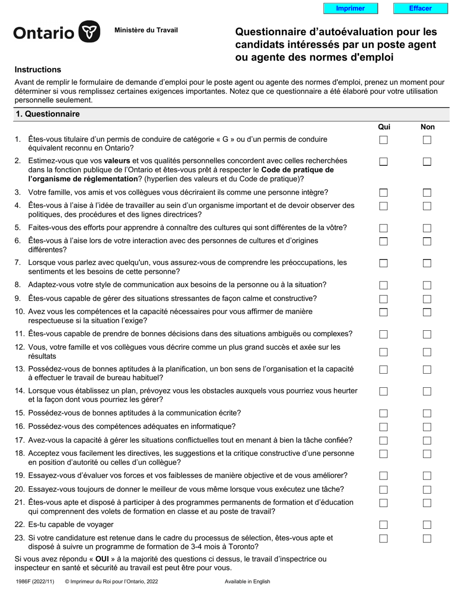 Forme 1986F Questionnaire Dautoevaluation Pour Les Candidats Interesses Par Un Poste Agent Ou Agente DES Normes Demploi - Ontario, Canada (French), Page 1
