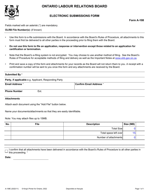 Form A-108 Electronic Submissions Form - Ontario, Canada