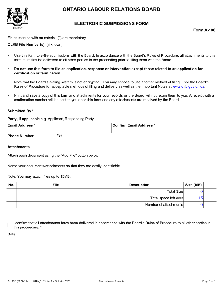 Form A-108 Electronic Submissions Form - Ontario, Canada, Page 1
