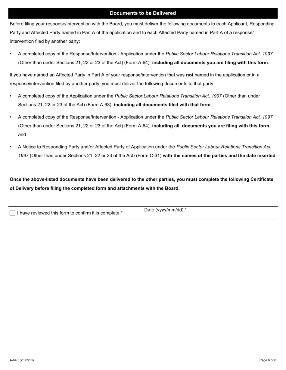 Form A-64 Response / Intervention - Application Under the Public Sector Labour Relations Transition Act, 1997 (Other Than Under Sections 21, 22 or 23 of the Act) - Ontario, Canada, Page 6