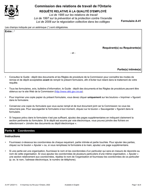 Forme A-41 Requete Relative a La Qualite D'employe - Ontario, Canada (French)